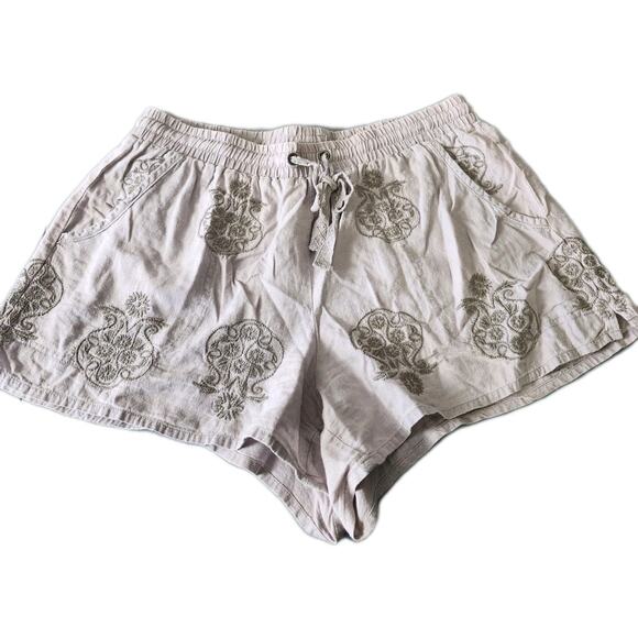 Anthropologie Mermaid Shorts Size Medium Beige Linen Blend Embroidered Boho - Picture 1 of 6